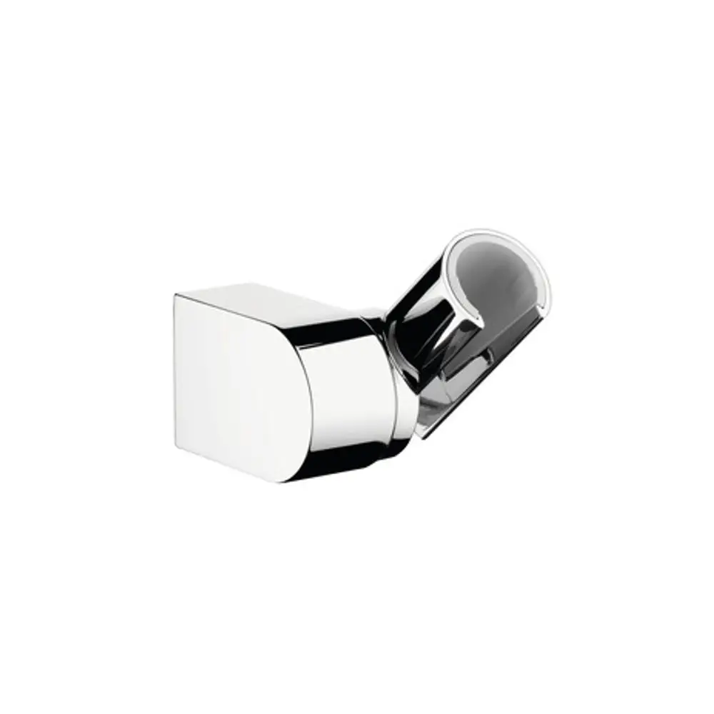 Chromfarbener Brausehalter von Hansgrohe, mit schräg gestutztem Ende, der an einer Wand montiert ist.